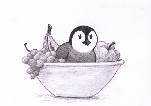 Sufjan sitting in a bowl of fruit