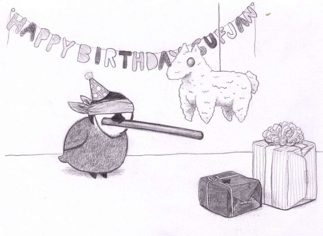 Sufjan blindfolded holding a bat in its beak, next to a piñata. A banner reading 'HAPPY BIRTHDAY SUFJAN' is in the background and two wrapped gifts are nearby.