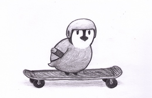 Sufjan sitting on a skateboard, wearing a helmet and elbow pads on its wings