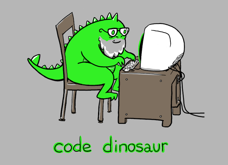 Dinosaur with a grey beard and glasses sitting at a computer with an old CRT monitor glowing green, caption: 'code dinosaur'