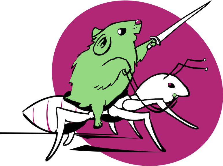 A green hamster riding an ant like a horse, holding up a sword in one paw