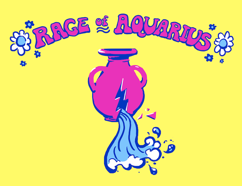 Rage of Aquarius: a hot pink greek urn with a crack and a torrent of water spilling out, with 1960s-ish daisies