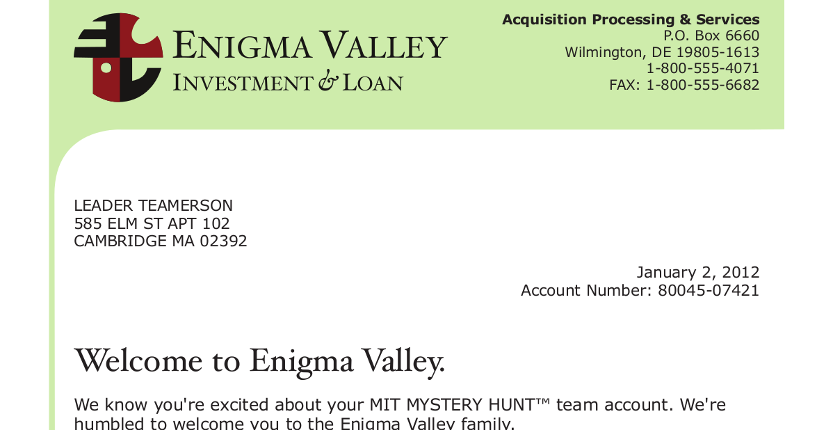 Enigma Valley Investment and Loan-themed hunt invitation, styled like a bank mailing.