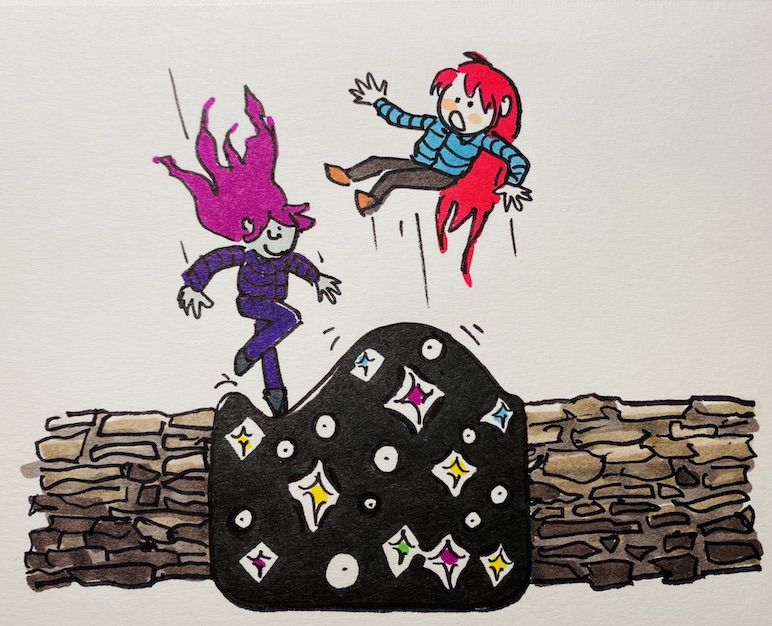 Madeline and Badeline from the game Celeste jumping on a dream block like it's a trampoline. Badeline has jumped down hard, bouncing Madeline up into the air unexpectedly