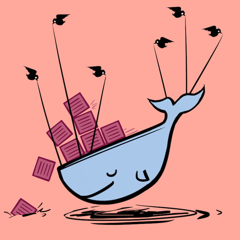 Docker-esque whale being lifted by birds ala the old Twitter failwhale graphic, but with boxes sliding off the top of the whale and falling into the ocean below