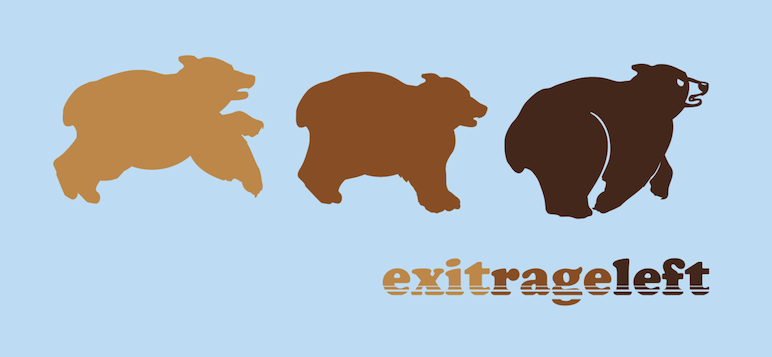 Three bears, as if frames of a film of a bear running to the right, captioned 'exit rage left', with 1970s-ish brown tones and font