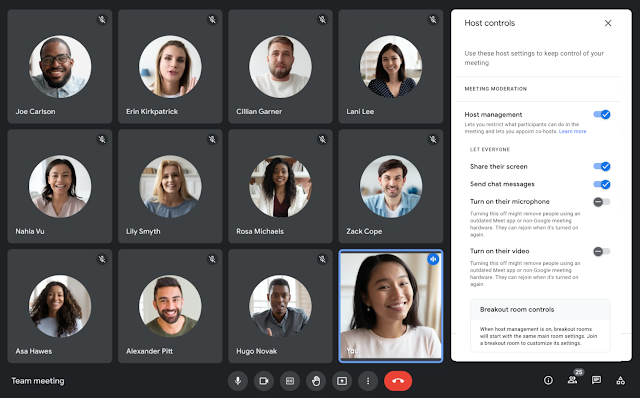 Screenshot of a Meet video call with a grid, mostly with video turned off