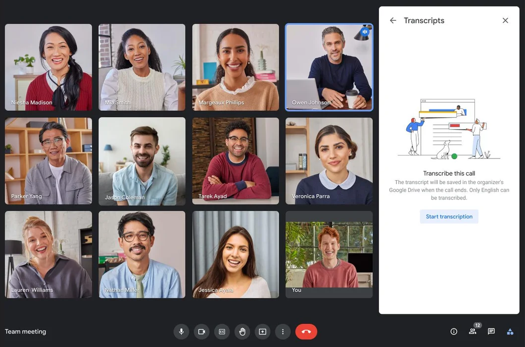 Screenshot of a Meet video call with a grid of video