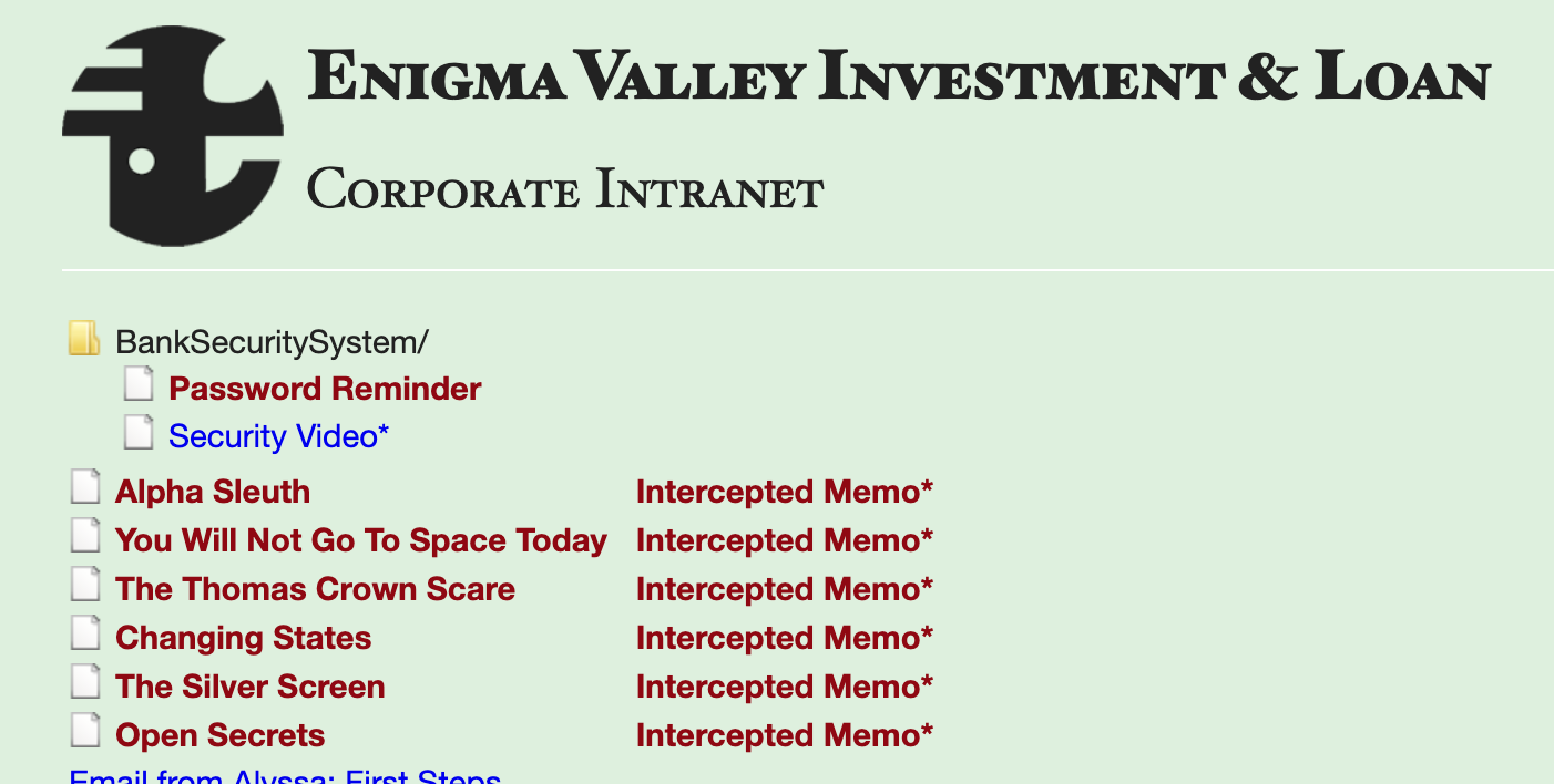 Enigma Valley Investment and Loan intranet, with a green background, b&w logo, and mostly HTML-default typography