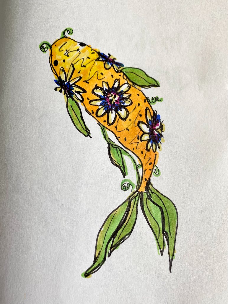 Koi fish the color of passionfruit (lilikoi), with passionflowers for spots and with passionflower leaves for fins