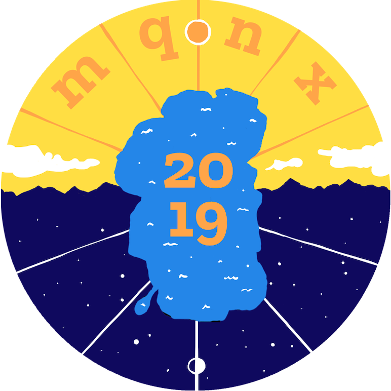 Mysteryquinox event patch with Lake Tahoe in the center, icons for the sun at the top and moon at the bottom, lines like a clock coming out of the center, the top half yellow, the bottom half midnight blue