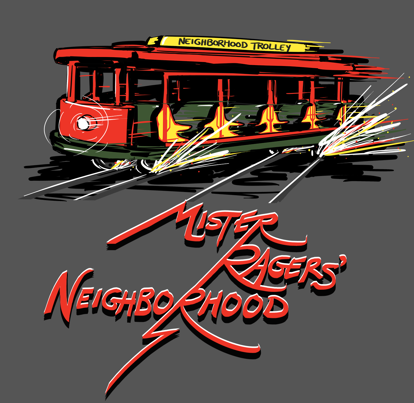 The trolley from Mr. Rogers' Neighborhood multi-track drifting, with 'Mr. Ragers' Neighborhood' written in metal script below