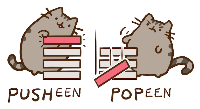 Two cats: one, labeled 'Pusheen', adding an item on top of a stack; the other, labeled 'Popeen', angrily swatting the top item off the stack.