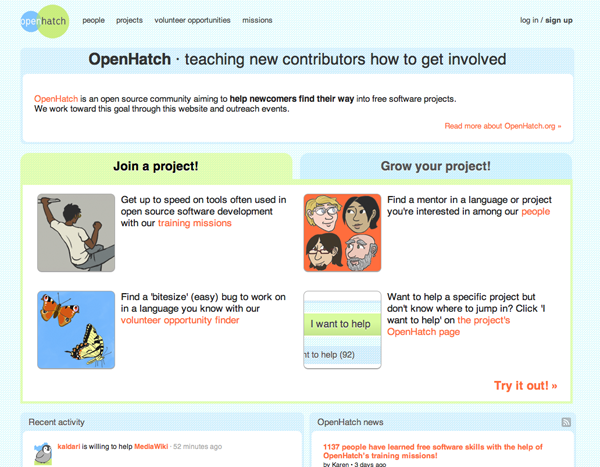 Screenshot of openhatch.org in late 2009