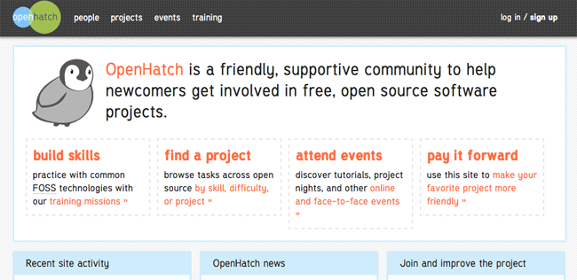 Screenshot of openhatch.org circa 2011