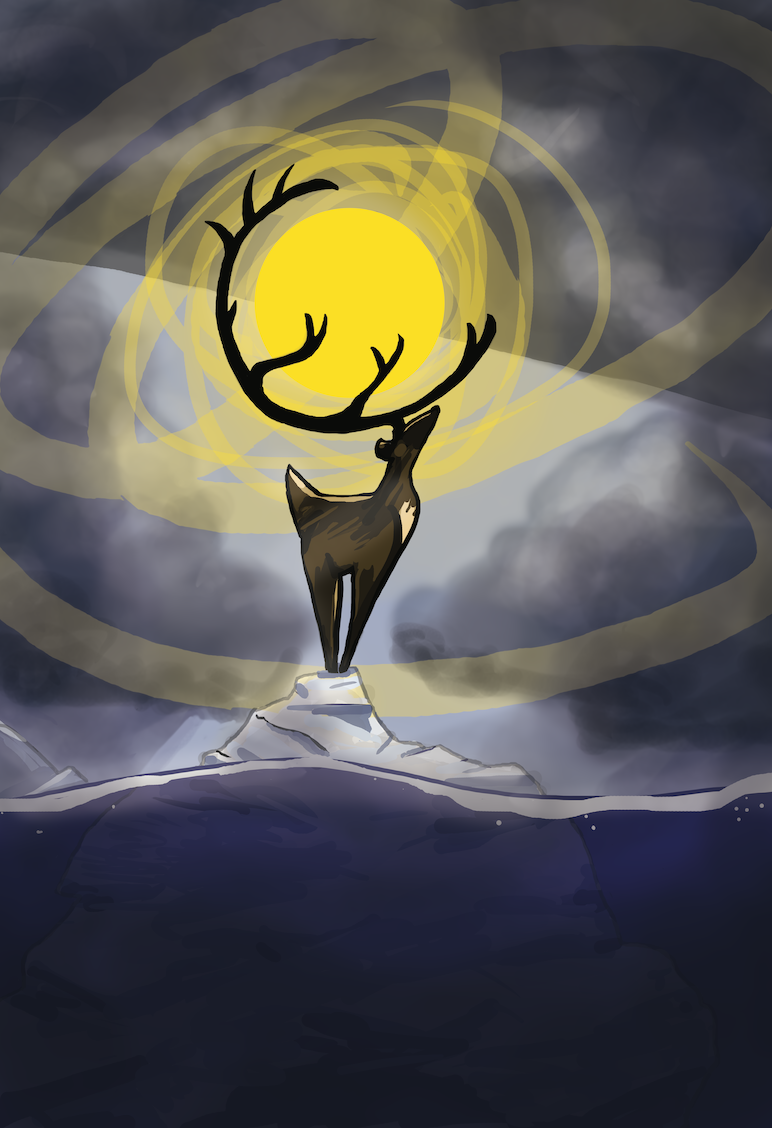 Reindeer on an ice floe carrying the sun in its antlers